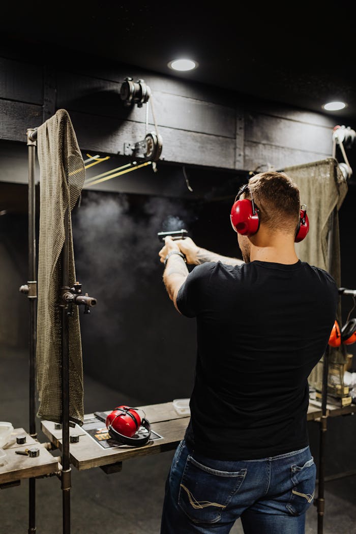gallery-03 A man with ear protection shooting a pistol at a firing range indoors.