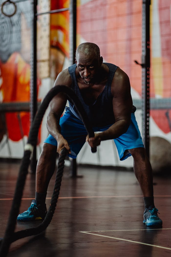 gallery-06 A muscular man engages in a powerful battle rope workout inside a gym, focusing on strength and endurance.